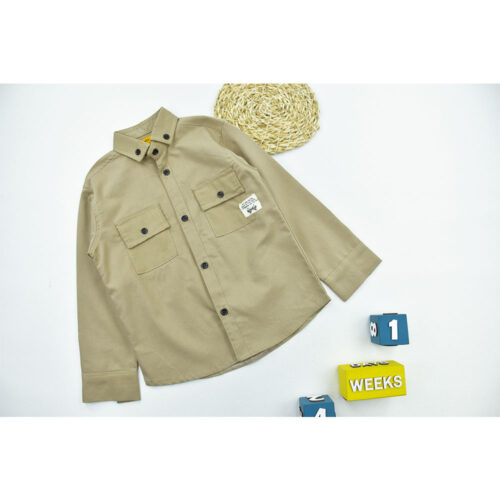 پیراهن کتان پسرانه دو جیب کرم کد 11078